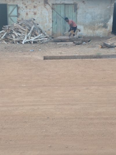 The image presents an outdoor scene in Kpak, Nigeria, featuring a male individual engaged in wood chopping. A dirt road, light brown in color with minor undulations, occupies the foreground. A low, grey concrete curb separates the road from a dirt shoulder. On this shoulder, a man with dark skin, wearing a reddish-orange short-sleeved shirt and light-colored shorts, stands facing a two-panel, light-green wooden door. He is holding an axe with both hands, positioned over a horizontal log laid on the ground, indicating the act of chopping. To his left, a large, irregularly stacked pile of cut firewood, comprising various sizes of logs and planks, is present against the building. The building behind him is a single-story structure with light-colored, weathered walls exhibiting discoloration and minor damage. Another wooden door or window opening with a cross-brace design is visible on the far left side of the building. Scattered logs and wood pieces are also visible on the dirt shoulder to the right of the individual. A small, light-blue plastic object rests on the ground near the firewood pile.