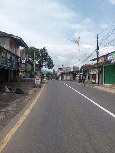 An outdoor daytime scene captures a two-lane asphalt road extending into the distance in Chhenangri_Rishor, Bhutan, beneath a partly cloudy sky. The road is marked with a solid white center line and a solid yellow line delineating its left edge.
On the left side of the road, a dirt shoulder abuts a series of buildings. The closest structure, a two-story building with a pitched roof, displays a "UAM FAMILY" banner and another dark banner with white text. Further along, a prominent vertical sign, predominantly red and white, advertises "BENGKEL MESIN ANTO" (Anto's Engine Repair Shop) detailing services for cars, motorcycles, and trucks, including oil changes and general service. A street light pole with an attached solar panel and a large tree with green foliage are situated on this side. Two discarded tires and several potted plants are visible near the roadside.
On the right side of the road, a paved shoulder runs alongside various single-story commercial structures, some featuring green roll-down shutters. A decorative white and gold street lamp post stands tall, surrounded by a dense entanglement of overhead electrical wires. One individual, wearing a dark long-sleeved top with a graphic design on the back and dark pants, is observed walking away from the camera on the asphalt, positioned near the white center line, carrying a backpack.
In the background, mountains are visible under the horizon line. A white vehicle is partially discernible in the far distance on the road.