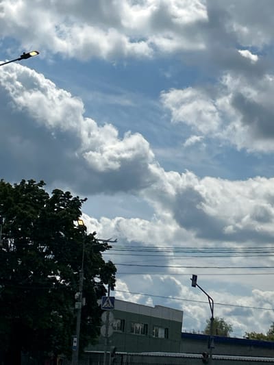 The image captures a segment of the sky over Zelenograd, Russia, on a cloudy day. The upper portion of the frame is dominated by large, white, cumulus clouds against a blue sky. A street lamp with its light on is visible in the upper left corner, attached to a pole. In the middle ground, a tree with dense, dark green foliage stands on the left. An airplane is captured in flight, appearing as a small white object with wings outstretched, silhouetted against the clouds and a line of power wires. Below the tree and the airplane, a building with a light green facade and a white roof is visible. Several street signs, including a pedestrian crossing sign, are mounted on poles. Power lines are strung horizontally across the mid-section of the image. The lower part of the frame shows parts of other buildings or structures.