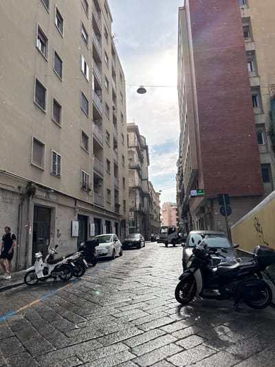 This media file captures a street scene in Naples, Italy, with the camera oriented vertically. The scene depicts a narrow street lined with buildings on both sides. On the left, a tall, light-colored building features numerous windows, many with shutters or blinds. To the right of this building, a red brick facade is visible.
The right side of the street is dominated by parked vehicles, predominantly scooters and motorcycles, along with a white car. The street is paved with cobblestones, which appear wet, suggesting recent rain or a damp environment. The sky is visible between the buildings, showing clouds and sunlight, indicating it is daytime, likely late morning or afternoon.
A sign with a green "P" and the word "LIBERO" is visible on one of the buildings, possibly indicating parking information. Another sign features an abstract eye logo. In the foreground, a person wearing a dark t-shirt and shorts is walking on the street. The overall atmosphere seems to be that of a typical urban street in Italy, with the characteristic architecture and modes of transportation. The wet cobblestones and overcast sky with patches of sun suggest a changeable weather condition.