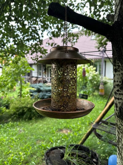 A copper bird feeder, adorned with intricate filigree, hangs from a tree branch in the backyard of a suburban house in Romashkino, Russia. The feeder, filled with birdseed, sits in a shallow tray beneath the main feeding cylinder. In the background, a white house with a brown roof is partially visible, surrounded by lush green trees and gardens. A rustic swing set can be seen on the right side of the frame, adding to the serene outdoor atmosphere. The overall scene depicts a peaceful day in a well-maintained backyard.