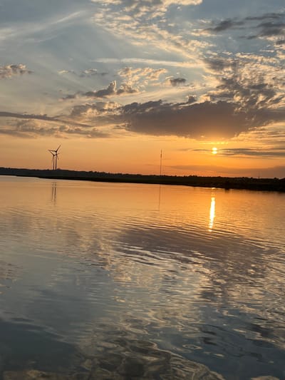 This is a vertical, eye-level, outdoor shot of a body of water at sunset. The sun is low on the horizon, casting a warm, golden glow across the sky and reflecting on the water's surface. The sky is filled with dramatic clouds, tinged with orange and yellow.
On the left side of the image, in the distance, a lone wind turbine stands silhouetted against the bright sky. Beyond the turbine, a dark line of trees marks the horizon. The water in the foreground is calm, with ripples catching the sunlight and creating a shimmering effect. The colors transition from the warm tones of the sunset on the left to cooler blues and grays on the right side of the frame, suggesting the approaching night.
The scene evokes a sense of peace and natural beauty. The time of day is clearly sunset, indicated by the low sun and the warm light. The location appears to be a coastal area or a large lake, given the expanse of water. There are no visible people or text. The overall mood is serene and contemplative, highlighting the beauty of nature's transition from day to night.