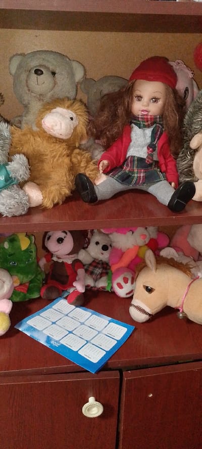 This is a medium shot of a wooden shelf filled with stuffed toys. The subjects are a collection of plush toys, including several teddy bears, a monkey, a doll dressed in a red cardigan and plaid skirt, a green dinosaur, a brown and white stuffed animal, a white stuffed animal with a plaid pattern, a pink and orange stuffed toy, and a tan stuffed horse with a pink ribbon and bell. A blue calendar for the year 2026 is lying on the shelf in front of some of the toys. The setting appears to be an indoor environment, possibly a child's room or playroom, given the presence of stuffed animals and a calendar. The lighting suggests it is daytime, but there are no specific cues about the weather or time of day beyond that. There is no clear activity or event taking place; the toys are arranged on the shelf. Visible text on the calendar includes month names such as "JANUARY", "FEBRUARY", "MARCH", "APRIL", "MAY", "JUNE", "JULY", "AUGUST", "SEPTEMBER", "OCTOBER", "NOVEMBER", and "DECEMBER", as well as the year "2026". Some of the stuffed animals have visible text on them, such as "U" on a green collar of a grey stuffed animal. The overall mood is cheerful and playful, typical of a toy display. The location is Angren, Uzbekistan.