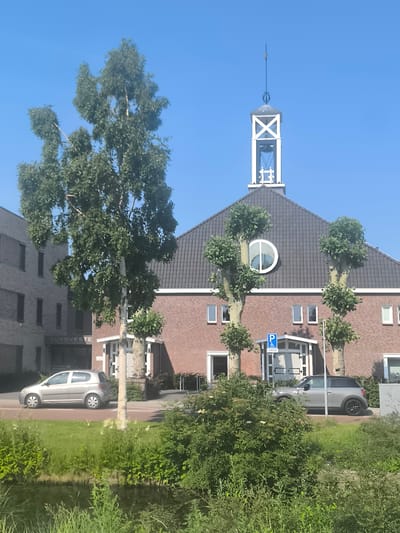 This image depicts a building with a red brick facade and a dark tiled roof, topped with a white, steeple-like structure. A circular window is visible on the facade. Two trees with distinctive, rounded canopies are planted in front of the building. To the left of the main building, a modern, multi-story brick structure is visible. Two cars are parked in front of the buildings: a silver hatchback on the left and a grey compact car on the right. A blue parking sign with a wheelchair symbol is mounted on a pole. The scene is set against a clear blue sky. The foreground features lush green vegetation and a narrow body of water, suggesting a canal or ditch. The sign on the left building reads "ZUYDVESTE". Based on the building style and the presence of the canal, this scene is likely located in Aalsmeer, Netherlands.