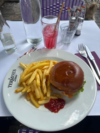 The image depicts a table setting at a restaurant. A white plate with a burger, french fries, and a dollop of ketchup is centrally placed. Cutlery rests on a purple napkin. There are several glasses, one containing a red drink with a straw. A bottle of water and condiment packets are also visible. The plate features the name "TERMINUS Bordeaux", indicating the location is in Bordeaux, France. The table is white, and a woven chair is visible.