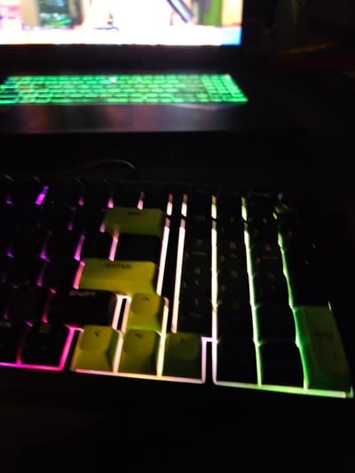 In a dimly lit room, a close-up shot captures a portion of a gaming keyboard with customizable RGB backlighting. The keyboard, positioned in the foreground, displays a gradient of colors, transitioning from vibrant pink and purple on the left to shades of green on the right. Some keys are a distinct lime green, appearing to be custom keycaps, with the word "ENTER" visible on one of them. The keys are illuminated from beneath, casting a glow onto the dark surface of the keyboard and surrounding area. In the background, a laptop is partially visible, with its keyboard also illuminated by a bright green light. The overall scene suggests a gaming setup or a computer workstation in a low-light environment. There is no indication of the city of Versailles, France.