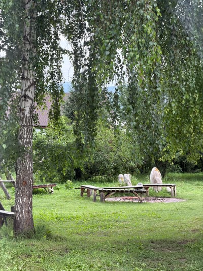 A group of decorative stones, some resembling carved figures, are arranged near two wooden picnic tables and a fire pit in a grassy area. The scene is set in a rural outdoor location in Shabdan, Kyrgyzstan, with lush greenery, trees, and a house visible in the background. The image captures a serene, natural setting, ideal for outdoor gatherings.