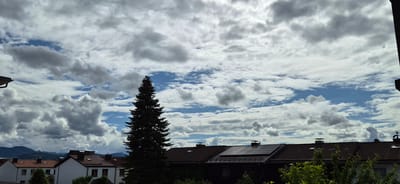 The image depicts a residential area in Kolbermoor, Germany, under a partly cloudy sky. A large, dark green coniferous tree dominates the central foreground, its silhouette prominent against the sky. To the left of the tree, multiple residential buildings with white walls and reddish-brown tiled gabled roofs are visible. In the background on the left, a range of dark mountains or hills is present beneath the cloud cover. To the right of the central tree, a row of residential buildings with reddish-brown tiled roofs extends horizontally. One roof on the right prominently displays a rectangular array of solar panels. Several chimneys are visible on the various rooftops. On the far right, a silhouette of a weather vane, shaped like a rooster, is visible against the sky. Green foliage from trees and bushes occupies the lower portion of the image, partially obscuring the bases of the buildings. The sky above is a mixture of dense, bright white and gray cumulus clouds with significant patches of clear blue sky visible between them. No people or discernible actions are present in the scene.