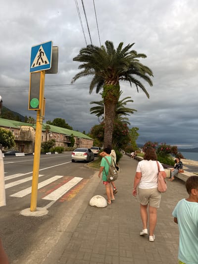 A pedestrian crossing is marked with white and red stripes on an asphalt road. A yellow traffic light pole stands next to the crossing, displaying a green light for pedestrians. In the background, a palm tree with a thick trunk stands tall, its fronds spread wide against a cloudy sky. Beyond the palm tree, a building with a green roof and stone facade is visible. Several people are walking on a paved sidewalk next to the road. One woman in a white t-shirt and beige shorts is walking away from the camera, carrying a pink bag. Another person, a child in a light blue t-shirt, is walking towards the camera. The scene is set in New Athos, Abkhazia, with the sea visible in the distance.