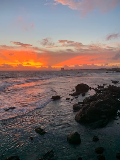 This is a vertical, medium-shot photograph of a dramatic sunset over the ocean. The scene is split into two distinct halves: the sky and the sea.
The left side of the image is dominated by the sky, which is ablaze with vibrant hues of orange, yellow, and pink from the setting sun. Wispy clouds are scattered across a gradient of pale blue to deep orange, creating a fiery spectacle. In the distance, along the horizon, faint structures suggest a coastal town or city.
The right side of the image depicts the ocean meeting a rocky shore. The water is textured with ripples and small waves, reflecting the warm colors of the sunset, casting a reddish-pink glow on the water's surface. Dark, irregular rocks, ranging in size from pebbles to larger boulders, are scattered along the shoreline and in the water. These rocks are silhouetted against the brighter sky and water, adding a sense of ruggedness to the scene. The overall mood is serene and awe-inspiring, characteristic of a beautiful sunset. The image appears to be taken during the golden hour. No text is visible. Given the location context, this scene is likely Galle, Sri Lanka.