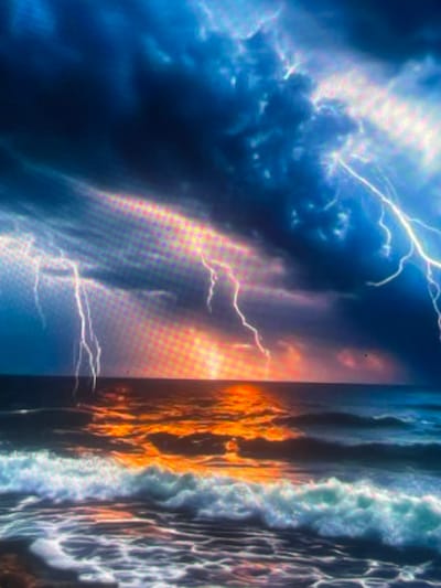 The image depicts a dramatic seascape under a violent electrical storm, located in the city of Zelenyi Hai, Ukraine. The sky is dominated by dense, dark storm clouds in deep blue and grey tones, illuminated by numerous bright white and bluish-white lightning strikes that fork across the upper frame. On the horizon, a vivid orange and red glow, suggestive of either a sunrise or sunset, casts an intense, fiery reflection across the turbulent ocean surface. The sea exhibits choppy waves, with white foam cresting in the foreground and mid-ground, mirroring both the somber stormy sky and the vibrant horizon light. No people, specific man-made objects, or identifiable urban features are visible within the scene. The environment is one of overwhelming natural power and contrast.