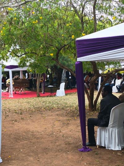 An outdoor funeral scene unfolds beneath trees with yellow flowers and long seed pods. A dark-stained coffin rests on a red carpet. White and purple draped tents shade seated attendees. A man in a dark shirt and black pants sits on a white chair in the foreground. A white chair and a small table sit on the carpet near the coffin. The ground is covered in dry grass and bare dirt.
