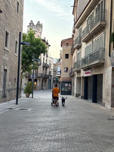 The image depicts a street scene in Igualada, Spain. In the foreground, a person wearing an orange t-shirt and dark shorts is pushing a stroller, with a black dog walking beside them. They are on a cobblestone street lined with buildings on both sides. The buildings are a mix of stone and stucco, with multiple stories, balconies, and shuttered windows. A distinctive tower with ornate detailing is visible in the background, partially obscured by trees. The sky is overcast, and the overall lighting suggests it is late afternoon or early evening. The street appears to be relatively quiet, with no other people immediately visible in the frame. The scene conveys a sense of daily life in a European town.