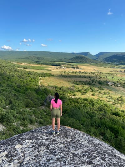 A woman stands on a large, lichen-covered rock, facing away from the camera and looking out over a valley. She has dark hair and is wearing a bright pink crop top and olive green shorts. Her legs are bent slightly as she stands. The rock she is on is rough and textured. In the background, a vast landscape unfolds. Rolling green hills covered in trees descend into a wide, flat valley. The valley floor is a patchwork of fields, some golden and dry, others green. Scattered throughout the valley are small buildings and signs of human settlement. The sky above is a clear, vibrant blue with a few wispy white clouds. The overall impression is one of natural beauty and expansive views, suggesting a remote or elevated location. The scene appears to be in a rural area, possibly a nature reserve or a scenic overlook.