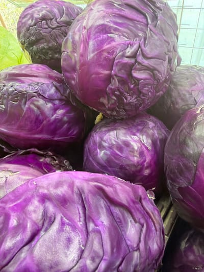 The image shows a close-up view of several heads of red cabbage. The cabbages are piled together, with some overlapping others. Their leaves are tightly packed, creating a textured surface with deep folds and wrinkles. The color is a vibrant reddish-purple. Some green leaves are visible at the bottom of the frame. The background is indistinct. The location is specified as Kadima-Zoran, Israel.