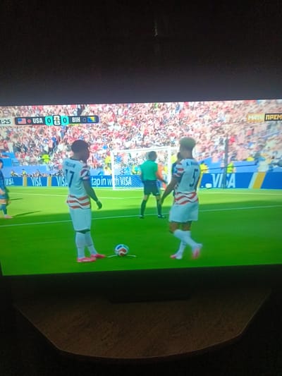 In a soccer match, two players in USA uniforms stand on a green field. One player, wearing number 17, faces away from the camera, while the other, number 5, is partially visible from the side. A soccer ball lies on the ground near player 17. In the background, a crowd watches the game, and advertisements are visible on the field. The scoreboard displays "USA 0 0 BIH." The scene takes place in Voskresenskiy, Russia.