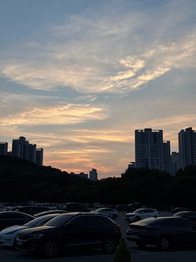 The image depicts a parking lot in Ansan, South Korea, at dusk. Tall apartment buildings are visible in the background, silhouetted against a sky filled with wispy clouds illuminated by the setting sun. The parking lot is populated with numerous cars, mostly dark-colored SUVs and sedans. Some of the cars are parked in designated spots, while others are more loosely arranged. The foreground shows a cluster of cars, including a black SUV and a white sedan. The overall impression is a typical urban scene during the twilight hours.