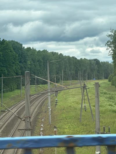 The image shows a set of railroad tracks curving to the left, bordered by lush green grass and trees on either side. Overhead power lines are supported by concrete poles, indicating an electrified railway. The sky is overcast with heavy, gray clouds. The scene appears to be a rural or suburban area, likely in or around Негарэльскі сельскі Савет, Belarus, given the presence of typical Belarusian landscape features. There are no people or animals visible in the image.