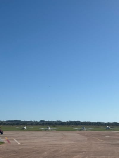 This image depicts an airfield in Port Alfred, South Africa, under a clear, bright blue sky. The foreground features a light brown, possibly paved or gravel tarmac surface with red and white striped ground markings visible on the lower left. Directly behind the tarmac, a strip of green grass extends across the mid-ground. Parked on this grassy strip are at least five small, white, single-engine propeller aircraft, arranged in a line, facing generally towards the camera's perspective. The aircraft appear stationary. In the background, a dense line of dark green trees or vegetation forms the horizon. A partial figure, an individual's left arm and torso in a dark garment, is visible in the lower-left corner of the frame. The scene suggests a daytime, fair-weather environment.
