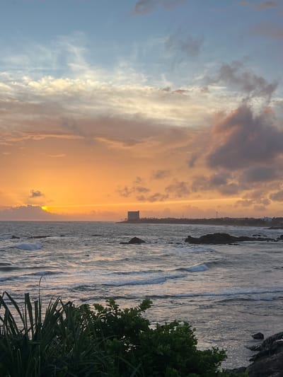 The image depicts a coastal scene at sunset in Galle, Sri Lanka. The sky is filled with dramatic clouds, transitioning from a pale blue at the top to warm orange and pink hues near the horizon, illuminated by the setting sun. The sun itself is partially obscured by dark clouds on the left side of the frame, casting a bright yellow glow.
The ocean is visible in the foreground and midground, with gentle waves rolling towards the shore. Several dark, jagged rocks are scattered in the water, some breaking the surface. In the distance, along the coastline, there is a line of trees and buildings, including a prominent, tall, light-colored rectangular building.
The very bottom of the image shows the edge of lush green foliage, possibly part of a garden or natural vegetation, adding a touch of vibrant green to the scene. The overall impression is one of a tranquil and picturesque sunset over the Indian Ocean.