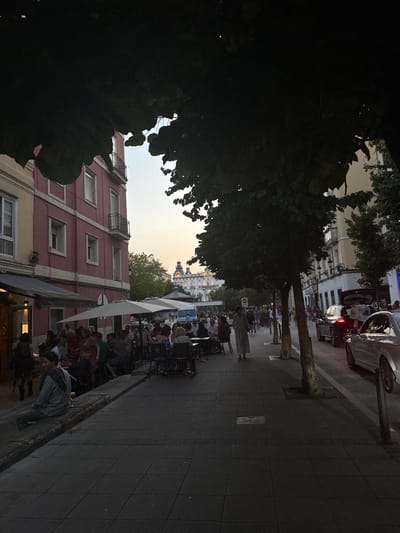 An evening street scene in the city center of Santander, Spain, depicts an urban environment, likely Calle del Medio or Calle Juan de Herrera, looking towards the Santander Town Hall (Ayuntamiento) in the distance. The foreground is partially obscured by dark, dense tree foliage from above.
On the left, a multi-story building with a pinkish-red facade features multiple windows and small, white-railed balconies. Its ground floor hosts an establishment with an active outdoor seating area. This area is furnished with numerous black tables and chairs, largely shaded by several large, white rectangular umbrellas. Approximately 20-30 individuals, primarily adults, are seated at these tables, engaged in socializing. A man in a striped shirt and dark trousers sits on the concrete curb in the lower-left, with a glass next to him.
Adjacent to the outdoor seating, a paved sidewalk extends into the background, lined with young, slender trees planted in square cutouts. A woman in a light-colored, long dress walks away from the viewer on this sidewalk. To the right of the sidewalk, a street for vehicles runs parallel. Several cars are parked along the curb; a dark sedan with its trunk open is visible, followed by a lighter-colored vehicle closer to the foreground.
In the mid-ground, beyond the cafe and street, other pedestrians are visible. A blue bus is parked or moving slowly. The background is dominated by the distinctive white Santander Town Hall building, characterized by its classical architecture and a prominent central domed structure, illuminated by the fading light of a clear sky transitioning from pale blue to a soft orange and pink horizon, indicating dusk or early evening. The overall lighting suggests ambient light from the setting sun, with no prominent artificial lights activated.