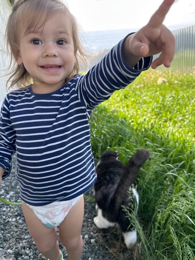 A young child in a blue and white striped shirt and diaper is standing outside on gravel. The child has their right arm raised and is smiling at the camera. Beside the child, in the grass, is a black and white cat. The environment appears to be a yard or outdoor space. No identifiable landmarks to place the location within Kharnavy, Russia are visible.