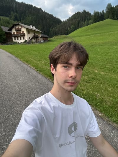 A young man with brown hair and green eyes is captured in a selfie taken from a low angle on a paved path. He is wearing a white t-shirt with a circular graphic and some text on it. The path is bordered by a vibrant green grassy field. In the background, a traditional alpine-style house with multiple balconies and a wooden shingle roof stands against a backdrop of a dense, dark green forest covering rolling hills. The sky above is overcast. The overall setting suggests a rural, mountainous location, likely in the Italian Alps, given the architectural style of the house and the landscape.
