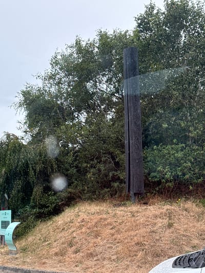 The image shows a tall, dark, weathered wooden post standing on a dry, grassy mound. The post has a vertical seam running down its center. Behind the post, a dense line of green trees and foliage forms a backdrop. The sky above is overcast and light grey. To the left of the post, partially obscured by the trees, is a sign with a curved white element at its base. The sign has text on it, but it is not clearly legible. The foreground shows dry, yellowish grass and a portion of a white vehicle's roof. The overall scene suggests an outdoor location, possibly a park or roadside, in Courtown, Ireland. There are no people visible in the image.