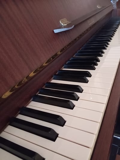 The image shows a close-up, angled view of a piano keyboard and its wooden casing. The keyboard consists of rows of white and black keys. The white keys are slightly off-white in color, while the black keys are a deep, matte black. The piano has a polished, dark wood finish, with a reddish-brown hue. A decorative brass inlay runs along the edge of the piano's body, reflecting the light. A small, silver-colored latch or clip is attached to the wooden surface on the left side of the image. The lighting suggests an indoor setting, possibly with natural light filtering in from a window, creating soft shadows on the keys and wood. The scene is static, with no activity taking place beyond the presentation of the instrument itself. There is no visible text in the image. The overall impression is one of elegance and quiet stillness, highlighting the craftsmanship of the musical instrument. The location context of Baden, Austria, is not directly evident from the image's visual cues.