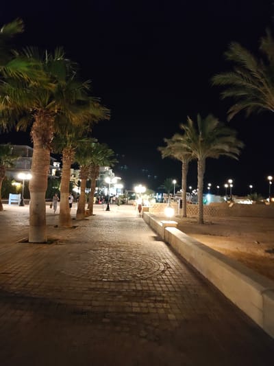 This image depicts a nighttime scene of a paved walkway lined with palm trees and illuminated by streetlights. The walkway is constructed with cobblestones and is bordered by a low concrete wall on the right. Beyond the wall, there is an area of sandy ground. In the background, buildings with lights on are visible, suggesting an urban or resort area. A few people are walking on the pathway, and some are sitting at tables in the distance. The overall impression is a well-lit pedestrian area in a tropical or semi-tropical setting at night. The location is identified as Unknown, Egypt.