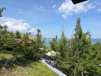 The image depicts a scenic view of Lake Baikal from a lakeside resort in Sarma, Russia. The foreground is dominated by lush green coniferous trees, their branches reaching towards a clear blue sky dotted with fluffy white clouds. A wooden walkway with dark railings winds down through the trees, leading to an outdoor seating area with white umbrellas and tables set for dining. In the middle ground, a rustic wooden cabin with a reddish-brown roof is partially visible amongst the trees. The background reveals the vast expanse of Lake Baikal, its calm waters stretching towards the horizon where distant hills and landmasses can be seen. The overall atmosphere is one of tranquility and natural beauty, suggesting a peaceful retreat in a remote, natural setting.