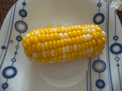 A close-up shot shows a piece of corn on the cob on a white plate with a blue circular pattern. The corn is a mix of yellow and white kernels and appears to be steamed or boiled, as indicated by a slight sheen on the kernels. The plate is part of a dinnerware set with a modern, geometric design. The background consists of a textured brown surface, possibly a placemat or tablecloth. The scene is indoors, likely in a kitchen or dining area. No people or specific landmarks related to Mamaivtsi, Ukraine, are visible.
