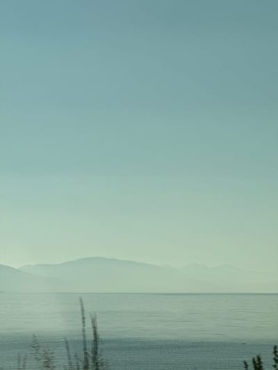 The image captures a serene landscape featuring the serene waters of Lake Sevan, a prominent natural landmark in Sevan, Armenia. The foreground is dominated by the tranquil expanse of the lake, reflecting the pale blue and green hues of the sky. In the distance, a series of layered mountains are visible, their forms softened and indistinct due to atmospheric haze, creating a sense of depth and vastness. The sky above is a uniform gradient of soft blue, transitioning to a lighter, almost white shade towards the horizon. Some blurred, vertical plant-like structures are visible in the lower part of the frame, adding a touch of foreground detail. The overall impression is one of peacefulness and natural beauty, characteristic of the Sevan region. There are no people or animals visible in the image, and no overt actions or interactions are depicted. The environment is natural, with the lake and mountains being the primary subjects.