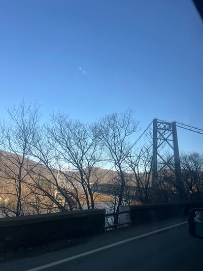 The image depicts an outdoor daytime scene captured from a vehicle on a roadway in the Town of Cortlandt, United States of America. The prominent subject is the Bear Mountain Bridge, a steel suspension bridge, with its main steel truss tower and suspension cables visible on the right side of the frame. The bridge spans the Hudson River, partially visible beneath a dense line of leafless deciduous trees that stretch across the mid-ground. Another, lower steel truss bridge is discernible further left, behind these trees. Rolling, tree-covered hills rise on the opposite bank of the river, filling the background on the left. The sky, occupying the upper half of the image, is clear and bright blue, with minimal atmospheric features. In the immediate foreground, a dark concrete barrier or retaining wall runs horizontally, separating the view from a dark asphalt road surface which includes a solid white lane line. A portion of a vehicle's side mirror is visible in the bottom right corner. No individuals are present in the scene.