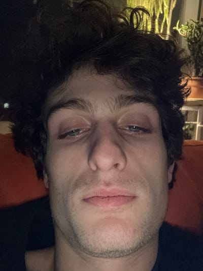 The image is a close-up, front-facing self-portrait of a young adult male located in Vincennes, France. The subject has dark, curly hair and blue-grey eyes with slightly lowered eyelids, giving him a subdued or tired appearance. Light stubble is visible on his chin and upper lip. He wears a dark-colored garment, possibly a t-shirt or sweatshirt. The background is dimly lit and out of focus, revealing green foliage from houseplants on the upper right side and a reddish-orange object, likely upholstery, on the left. The lighting suggests an indoor setting, possibly at night or in low ambient light. No specific actions or interactions are depicted beyond the act of taking the self-portrait.