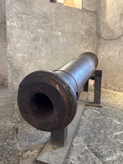 This is a close-up, low-angle shot of an old, rusted cannon barrel mounted on a stone wall. The cannon is dark brown and shows significant signs of age and corrosion, particularly at the muzzle end. It is supported by a dark metal bracket attached to the rough, gray stone wall.
The wall itself is textured and appears to be made of large, irregular stones. On the left side of the wall, there is a significant amount of white graffiti or writing. Some of the visible text includes "TEPHONIL 2013", "ANA ELA...", "E+A", and some hearts with initials. These markings suggest the location is a public space that has been accessible to visitors over time.
The lighting appears to be natural, casting soft shadows and highlighting the textures of the stone and the cannon. The overall mood is one of history and perhaps neglect, with the weathered cannon and graffiti-covered wall evoking a sense of time passing. The background is out of focus but suggests more stone structures, implying the cannon is part of a fortification, historical site, or a museum exhibit. The context of Naples, Italy, suggests this could be a historical defense structure.