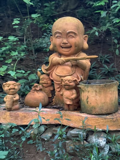 In Tây Hoa Lư Ward, Vietnam, a collection of terracotta statues is arranged on a stone ledge amidst lush greenery. The central figure is a large, smiling Buddha statue, holding a wooden stick. To the left of the Buddha, there are three smaller statues: one resembling a piglet holding a cylindrical object, another appearing to be a sack, and a third, also piglet-like, standing with its hands clasped. To the right of the Buddha, there is a weathered terracotta pot filled with water. The statues are placed on a reddish-orange, curved stone platform, with dark soil and rocks visible beneath, and various plants growing around them, including small leafy sprigs in the foreground. The background is dominated by dense foliage and trees, suggesting a natural or garden setting.