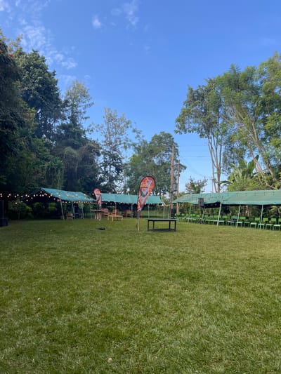 An outdoor event space in Mururiini, Kenya, is captured on a clear, sunny day. The scene features a wide, well-maintained expanse of green grass covering the foreground and midground. A vibrant blue sky with a few faint clouds stretches above, meeting a dense canopy of lush green trees that frame the left and upper parts of the image. A tall utility pole with visible wires stands in the background amidst the foliage.
The event setup includes multiple sections covered by light green shade nets or tarps, under which string lights (fairy lights) are strung, suggesting nighttime illumination or decorative elements. Beneath these shaded areas, wooden tables and chairs are arranged, indicating seating or dining zones. In the further background, rows of green plastic chairs are visible, suggesting an audience area.
Several colorful, teardrop-shaped feather flags stand upright across the grass. One prominent flag displays vivid graphics, depicting what appears to be a stylized figure or character surrounded by musical instruments such as a guitar, drums, and a saxophone. Text is present on the flag but is not clearly legible from this distance and angle.
The space appears ready for an event but is currently empty of people, suggesting it is either being set up or awaiting guests. The bright daylight and clear weather contribute to an inviting outdoor ambiance.