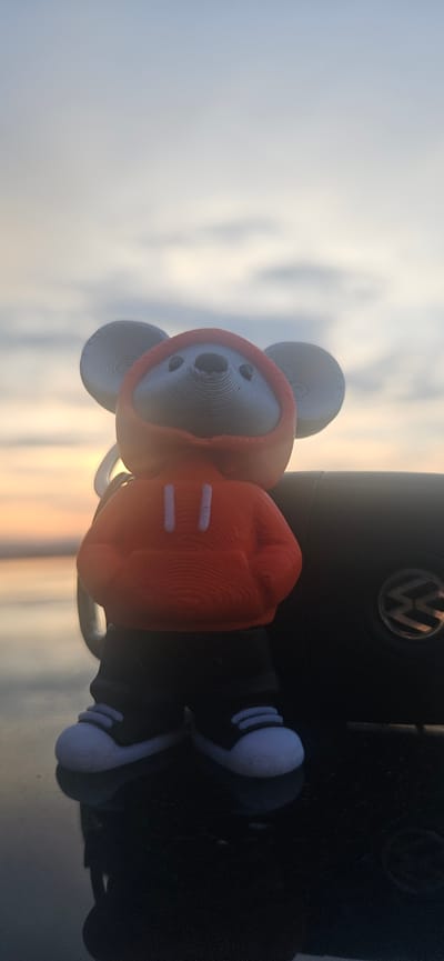 A 3D printed figurine of a mouse wearing a red hoodie and black pants stands on a dark, reflective surface, possibly a car. The mouse has large, round ears and wears white sneakers with black laces. Behind the figurine, to the right, is the dark exterior of a car, featuring a visible Volkswagen logo. The background consists of a hazy sky with streaks of orange and yellow, indicating either a sunset or sunrise, with a body of water visible in the distance. The overall lighting is soft and diffused. The location of Momin Prohod, Bulgaria is not discernible from the image.