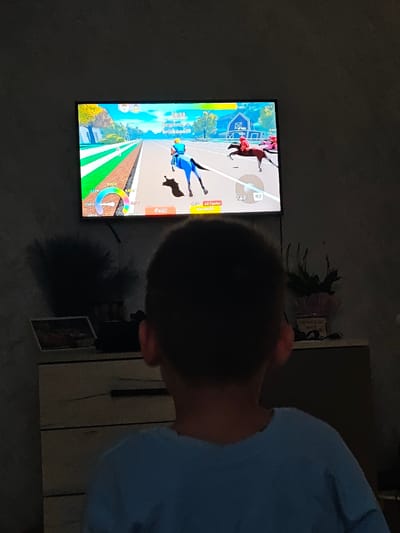 The image depicts a dimly lit indoor scene. In the foreground, a young individual, seen from behind, wears a light blue t-shirt and is focused on a television screen. The individual's back of the head and shoulders are visible. The setting is a residential interior; however, no specific visual information is present to identify a precise location within the city of Opaka, Bulgaria.

Centrally positioned in the mid-ground is a flat-screen television displaying a video game interface. The game appears to be a horse racing simulation. On screen, a blue horse with a rider in a yellow and blue uniform is prominent, actively racing alongside a brown horse with a rider in a red uniform. The digital race track features brown and green lanes, with a background consisting of a bright blue sky, trees, and a white barn-like structure with a red roof. User interface elements visible on the screen include a timer displaying "00:58," text such as "Beginner" and "kriskoooo19," a multi-colored gauge in the bottom left, and virtual buttons labeled "Exit!", "OP! X2 Faster," and "TAP1 R2."

Beneath the television, a light-colored dresser or cabinet with multiple drawers is present. On the top surface of this furniture, to the left, a framed picture is visible, alongside a dark, feathery decorative object. To the right, a potted plant in a pink-wrapped container rests on the surface. The primary light source in the immediate area appears to be the television screen itself, contributing to the overall dim illumination of the room.