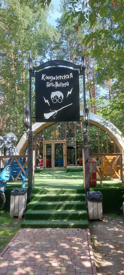 The image shows the entrance to a themed cafe or shop called "Кондитерская Гарри Поттера" (Harry Potter Confectionery) in Berdsk, Russia. The entrance features a large black sign with white text and graphics depicting Harry Potter's glasses, a broomstick, and lightning bolts. The building itself has a distinctive arched roof made of glass and wood, with string lights illuminating the exterior. In front of the building, there are steps covered in artificial turf leading up to a wooden deck with seating. The surrounding environment is a wooded area with tall trees, suggesting the location is likely in a park or recreational area within Berdsk. There are several people visible inside and near the entrance, but their actions are not clearly discernible. Various objects like trash cans, a red fire extinguisher, and parts of a playground are also present in the scene.