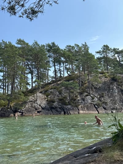 The image depicts a scenic natural environment with a body of water and a rocky, tree-covered hillside. In the water, there are at least three individuals. One person, appearing to be an adult male, is standing in the water and looking towards the right of the frame. Another individual, also appearing to be an adult, is swimming further back in the water. A third person is partially visible in the water near the left edge of the frame. The water is a greenish hue and appears somewhat shallow near the edge. The background features a steep, rocky incline densely populated with tall, slender pine trees. The sky above is clear and blue. The scene suggests a recreational activity, likely swimming or enjoying a natural landscape. This location is likely within or near Karlsborg, Sweden, given the natural features and clear sky typical of the region during warmer months.
