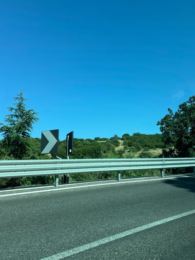 The image presents a forensic view of a rural road scene in Cassano delle Murge, Italy, observed from a low-angle perspective, likely from a moving vehicle. The dominant feature is a clear, vibrant blue sky filling the upper portion of the frame, entirely devoid of clouds. Below the sky, a landscape of rolling hills covered in dense green vegetation, primarily trees and shrubs, stretches across the horizon.

In the foreground, a dark gray asphalt road surface with fine aggregate texture occupies the lower section. A distinct solid white line marks the right edge of the road, running parallel to a multi-bar metal guardrail positioned just above it. The guardrail consists of three horizontal silver-gray bars securely attached to vertical posts.

Behind the guardrail, a tall, slender conifer tree with dense, dark green foliage stands prominently on the far left. To the right of the conifer, two road signs are visible. The primary sign is black with a large, reflective gray chevron pointing sharply to the right, indicating a curve or turn in the road ahead. A second, narrower black sign is partially obscured behind and to the right of the chevron sign.

The mid-ground and background are characterized by undulating hills densely covered with a variety of green trees and bushes, intermingled with patches of lighter green grass. On the far right, a large section of a deciduous tree with thick, dark green leaves is framed. In the distant center-right, a small, dark, dome-shaped structure or natural rock formation is discernible on a hilltop. No individuals or additional vehicles are visible in the captured scene.