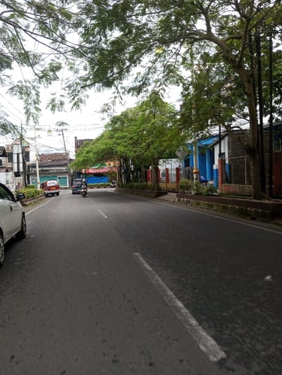 The scene depicts an urban street in Kodarapalli, India, on an overcast day. A multi-lane asphalt road with a faded white dashed center line occupies the foreground and midground, extending into the distance with a slight curve to the right. On the left, a light-colored sedan is partially visible, parked parallel to the curb. Further along the left lane, a red minivan and a dark-colored sedan are in motion, followed by a motorcycle with a helmeted rider traveling away from the viewer. The left side of the street is lined with commercial or residential buildings, including one with a red sign displaying "BASO ISTIGE R" under a blue canopy. Overhead utility lines and poles are visible. The right side of the road features a raised planter with green foliage, separating the roadway from a sidewalk and a building with blue and dark grey sections behind a fence. A solitary individual, possibly in blue attire, is discernible near this blue-walled building. Numerous trees with dense green foliage are present on both sides of the street, casting partial shadows and creating an overhead canopy on the right.