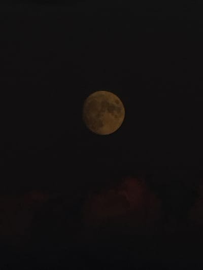 The image displays a full moon, appearing a yellowish-orange hue, set against a dark, cloud-strewn night sky. The moon is centrally located in the upper portion of the frame. The lower portion of the image is dominated by dark, indistinct shapes that appear to be clouds, with some faint reddish or brownish undertones. There are no discernible human figures, buildings, or other specific city landmarks from Bolgar, Russia, visible in the photograph. The overall impression is a natural celestial scene.