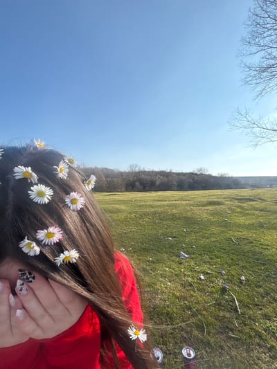 The image displays an outdoor scene under a clear blue sky, located in the city of Beli Brod, Bulgaria. The left side of the frame is occupied by an individual, primarily showing their head, shoulders, and hands. This person has long, dark brown hair, into which approximately 15-20 small daisy flowers are placed; most are white with yellow centers, while a few have pink-tinged petals. The individual is wearing a red long-sleeved garment. Their left hand is positioned near their face, with fingers partially obscuring the lower facial area. The visible fingernails are manicured, featuring light-colored polish, with some nails displaying a black and white cow-print pattern and others exhibiting small, clear decorative embellishments.

The background consists of a large, uneven green grassy field. Scattered debris, including small twigs and two discarded aluminum beverage cans (one predominantly red, the other silver and red), are visible on the grass in the lower right quadrant. A dense line of bare deciduous trees forms a natural boundary in the mid-distance, suggesting a season without full foliage. Beyond the treeline, faint structural outlines, possibly indicating a bridge or distant buildings, are discernable. A portion of a bare tree branch extends into the upper right corner of the frame. The sky is uniformly bright blue.