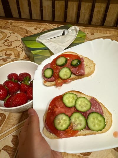 This media file shows two open-faced sandwiches on a white plate, which is being held by a person's hand. The sandwiches are made with slices of bread topped with tomato slices, salami, and cucumber slices. A small white bowl filled with fresh strawberries is visible in the foreground, under the plate. To the left of the plate, there is a box with a green and white pattern, and to the far left, there are wooden slats, possibly part of a shelf or furniture. The background appears to be a patterned surface, likely a tablecloth or countertop, in shades of brown and beige. The lighting suggests an indoor setting, possibly a kitchen or dining area. The scene appears to be a casual moment of preparing or serving food, with a focus on fresh ingredients. There is no visible text in the image. The location context is Chemerne, Ukraine.