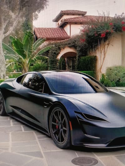 The image depicts a sleek, black sports car parked on a paved driveway in front of a large, luxurious house. The house has a Mediterranean architectural style with a red tile roof and beige stucco walls, adorned with climbing red flowers and lush green foliage. Tall palm trees are visible in the background, suggesting a warm climate. The car's design is futuristic and aerodynamic, with sharp lines and a low profile. The driveway is made of light-colored, rectangular pavers. There are no people visible in the image. The scene is well-lit, indicating it is daytime. The overall impression is one of wealth and sophistication. The city of Sluck, Belarus is not depicted in this image.