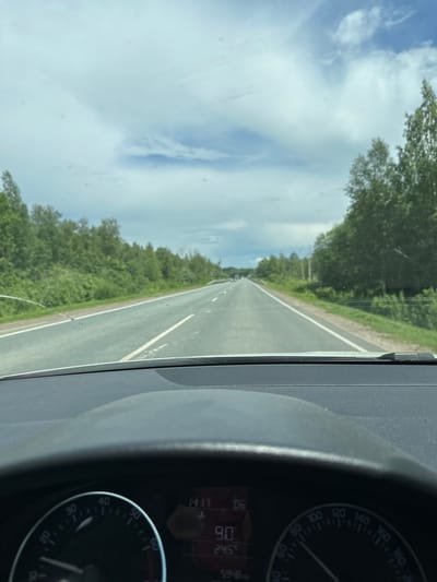 The image captures a view from the driver's seat of a car on a highway. The road stretches ahead, flanked by dense green trees on both sides. The sky above is filled with fluffy white clouds against a pale blue backdrop. The car's dashboard is visible in the foreground, with a speedometer showing approximately 90 km/h and a clock indicating 14:17. The environment suggests a rural or suburban setting, likely outside of a major city. The presence of a highway and the surrounding vegetation are consistent with the general landscape of Arkhangelskoye, Russia, which is known for its natural surroundings.