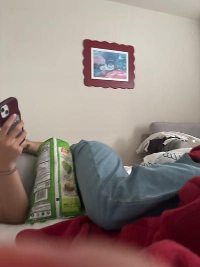 The image depicts an indoor scene, likely a bedroom given the presence of a pillow and what appears to be a bed or similar furniture covered with a red blanket. A person is holding a mobile phone in their hands, with their arms visible. A green and white bag of chips is positioned between the person and the blue pillow. On the wall is a framed picture with a red wavy border. The location appears to be indoors, most likely in a residence. There is not enough information to determine the exact location in San Antonio, United States of America.